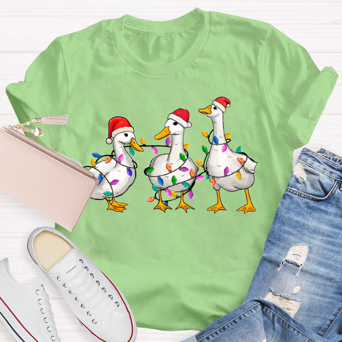 Christmas Ducks With Colorful Lights Teacher T-Shirt