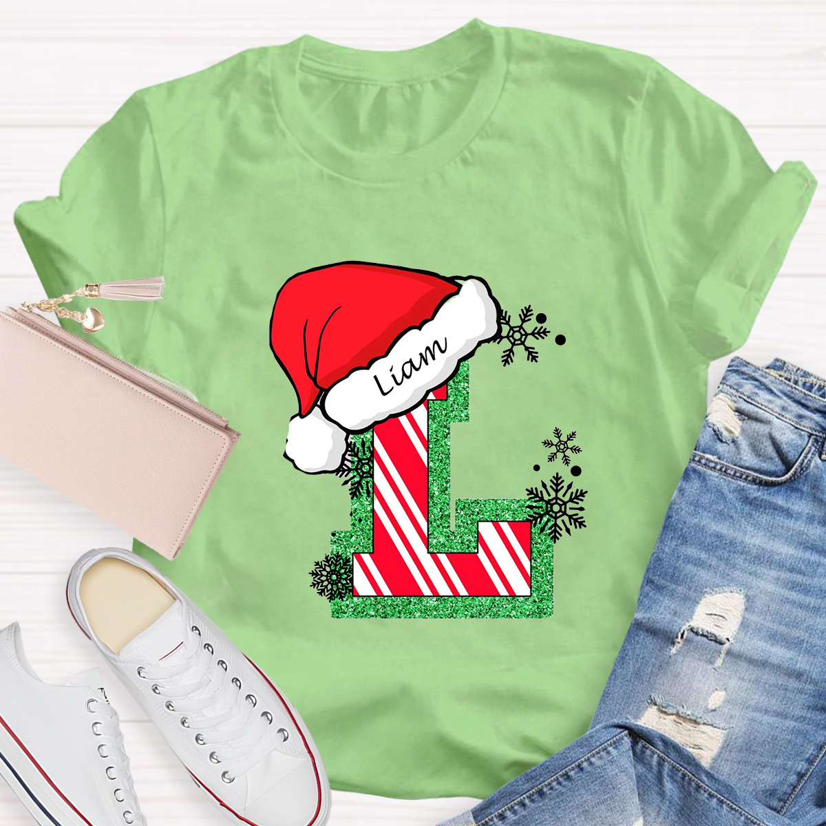 Personalized Name Merry Christmas Santa Holiday Green Red Glitter T-Shirt