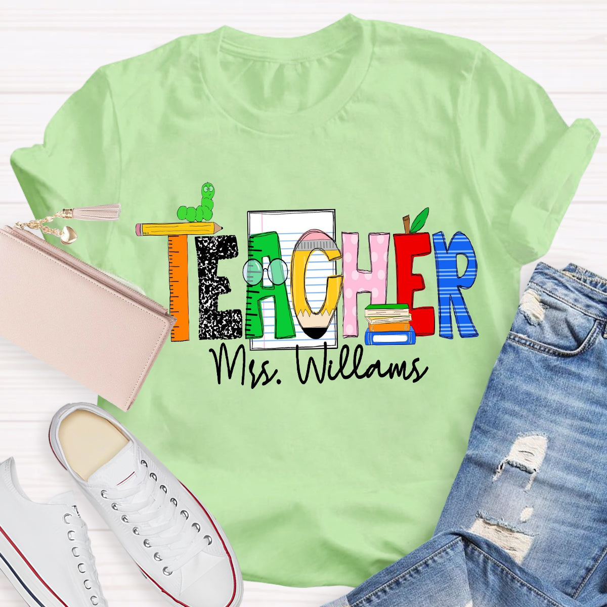 Personalized Teacher Name Caterpillar Exploring Knowledge Teacher T-Shirt