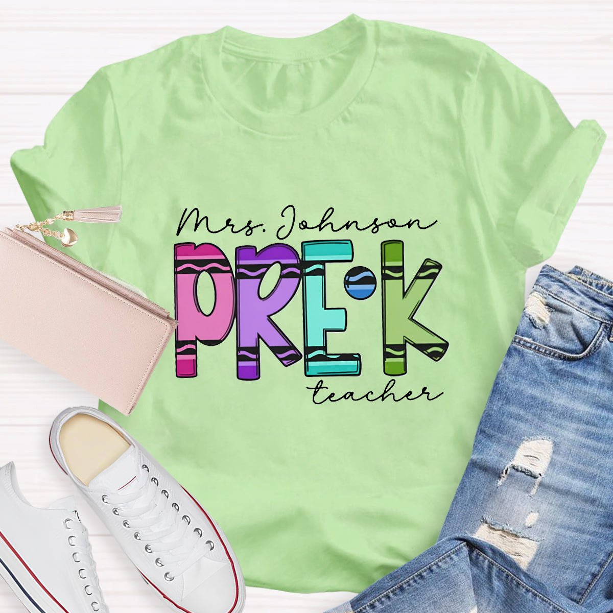 Personalized Grade And Name Crayon Teacher T-Shirt