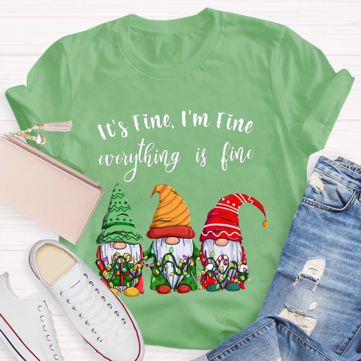 It's Fine I'm Fine Everything Is Fine Gnome Christmas Teacher T-Shirt