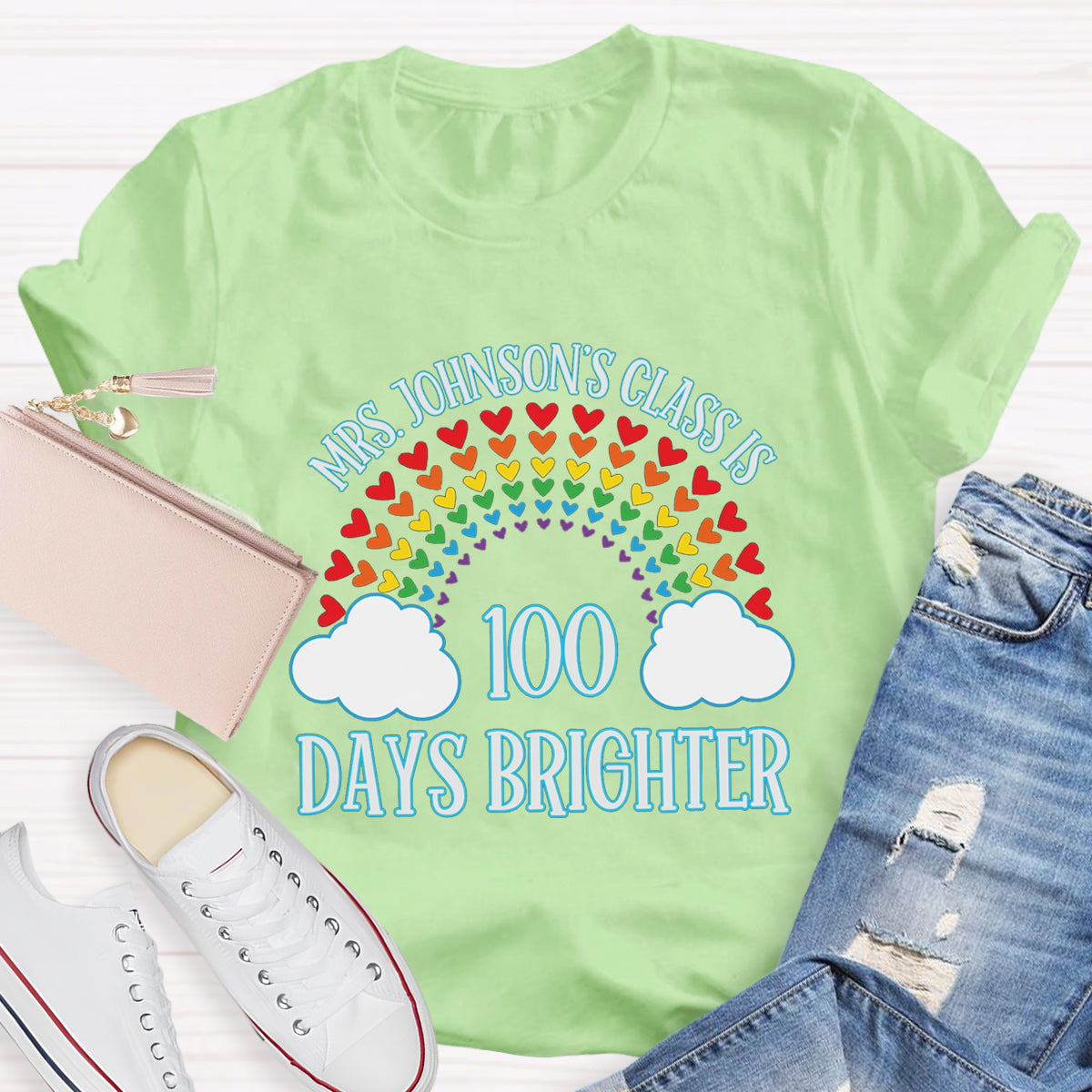 Personalized Name Teacher Class 100 Days Brighter T-Shirt