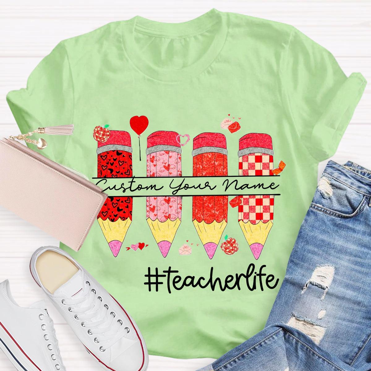 Personalized Name Red Pencil Teacher Life T-Shirt