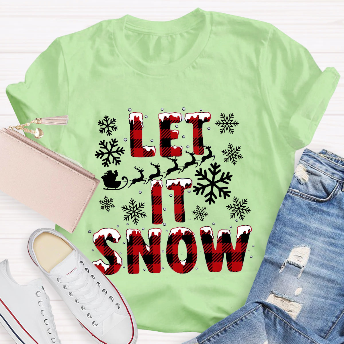 Let It Snow Red Plaid Teacher T-Shirt