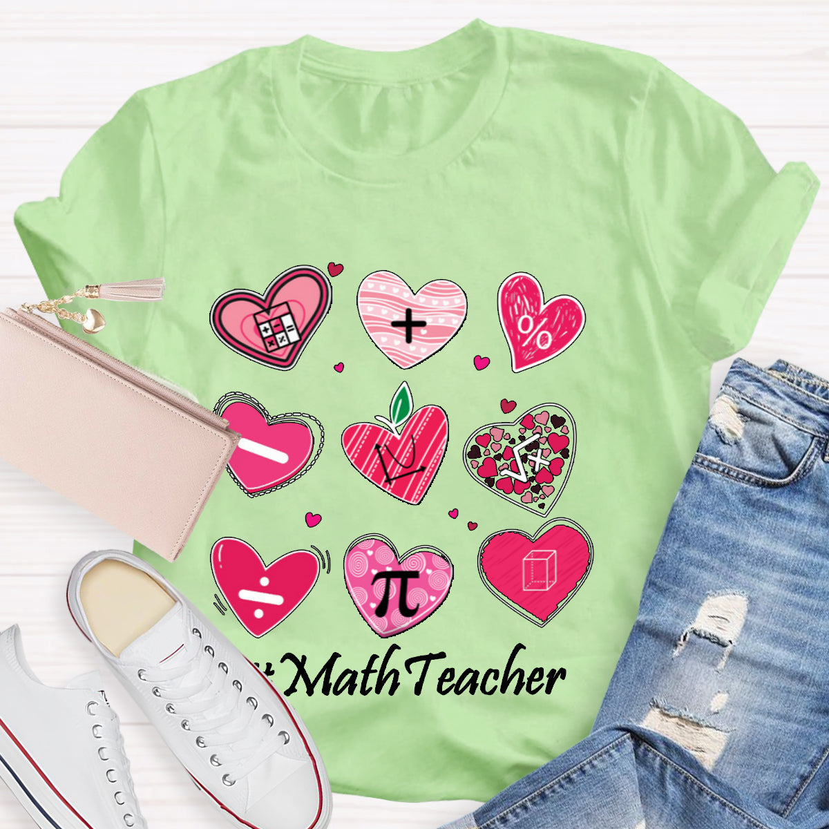 Pink Heart Math Symbols Teacher T-Shirt