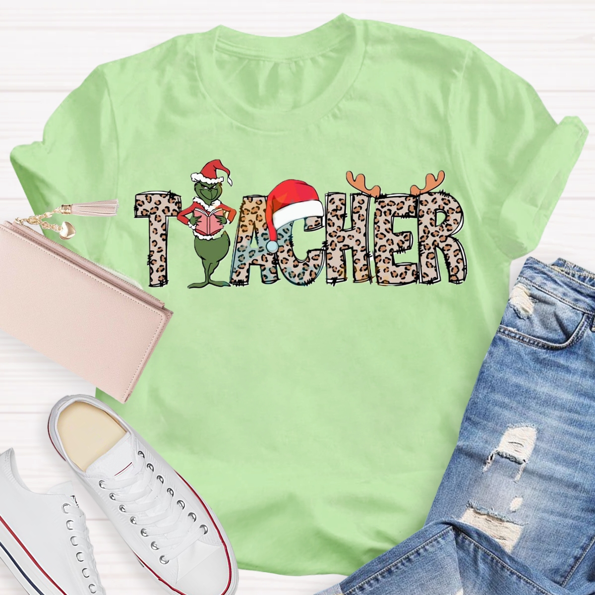 Christmas Leopard Teacher Grinch T-Shirt