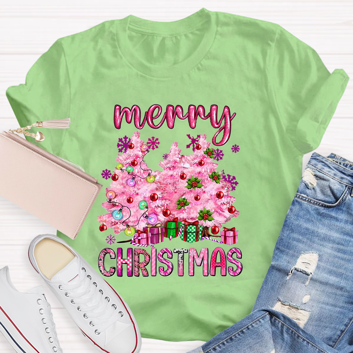 Pink Tree Christmas Teacher T-Shirt