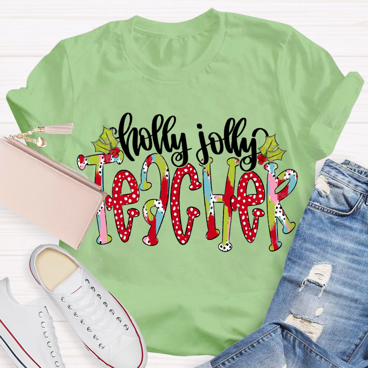 Holly Jolly Teacher Christmas Brushstrokes Dalmatian Dots Hand Lettered Teacher T-Shirt