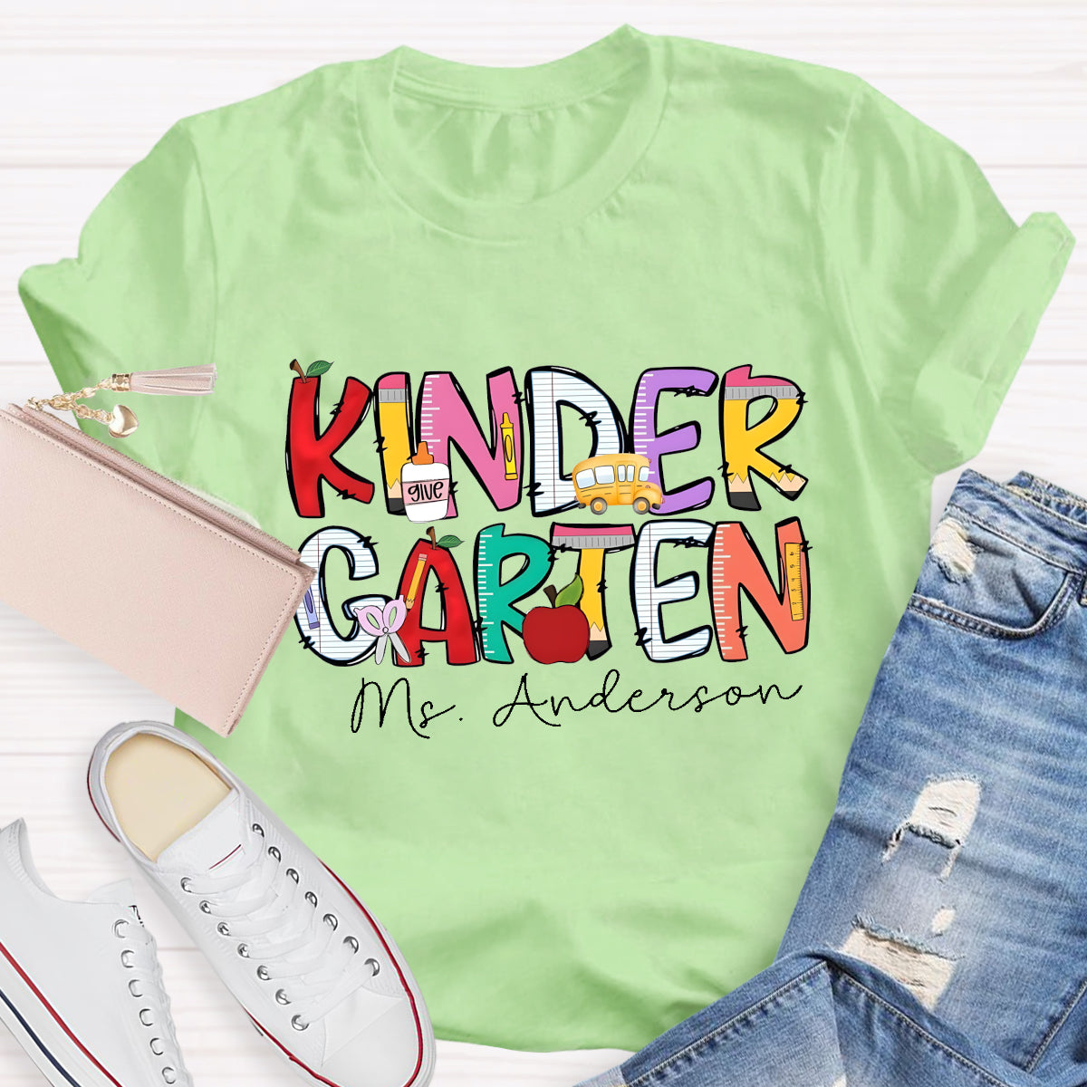 Personalized Kinder Garten Teacher's Name Apple Printed T-shirt
