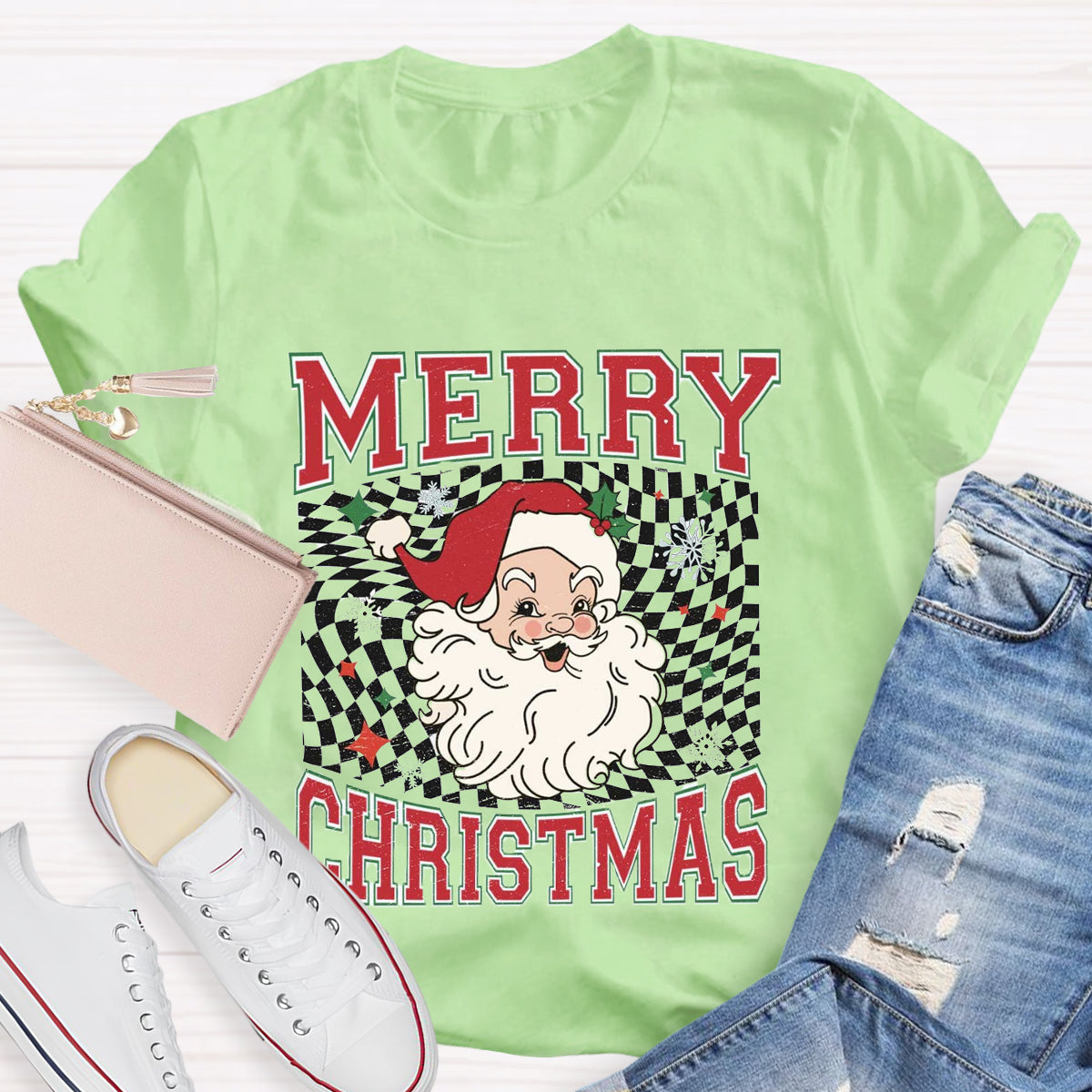 Merry Christmas Plaid Print Santa T-Shirt