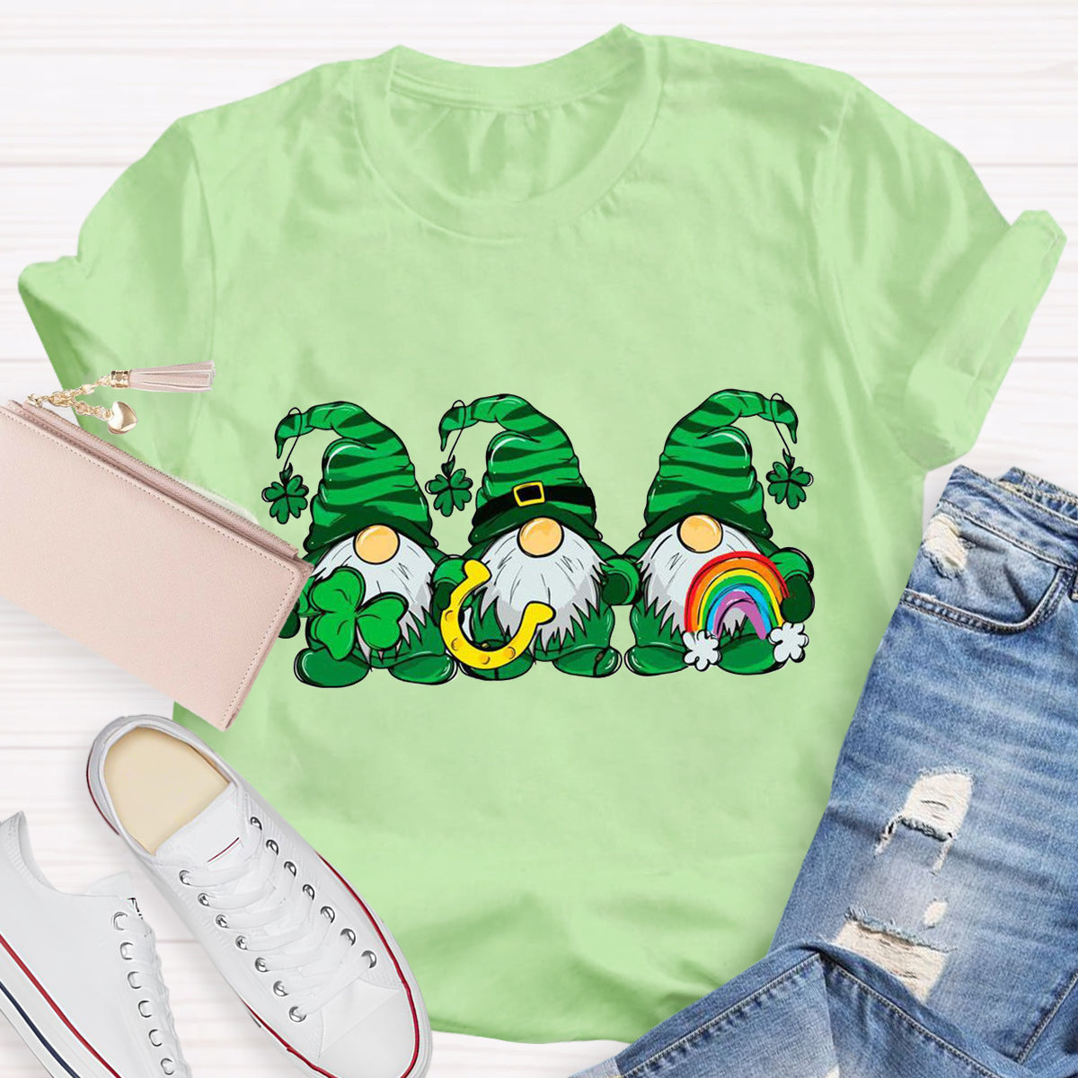 Three St Patricks' Day Gnome With Rainbow T-Shirt