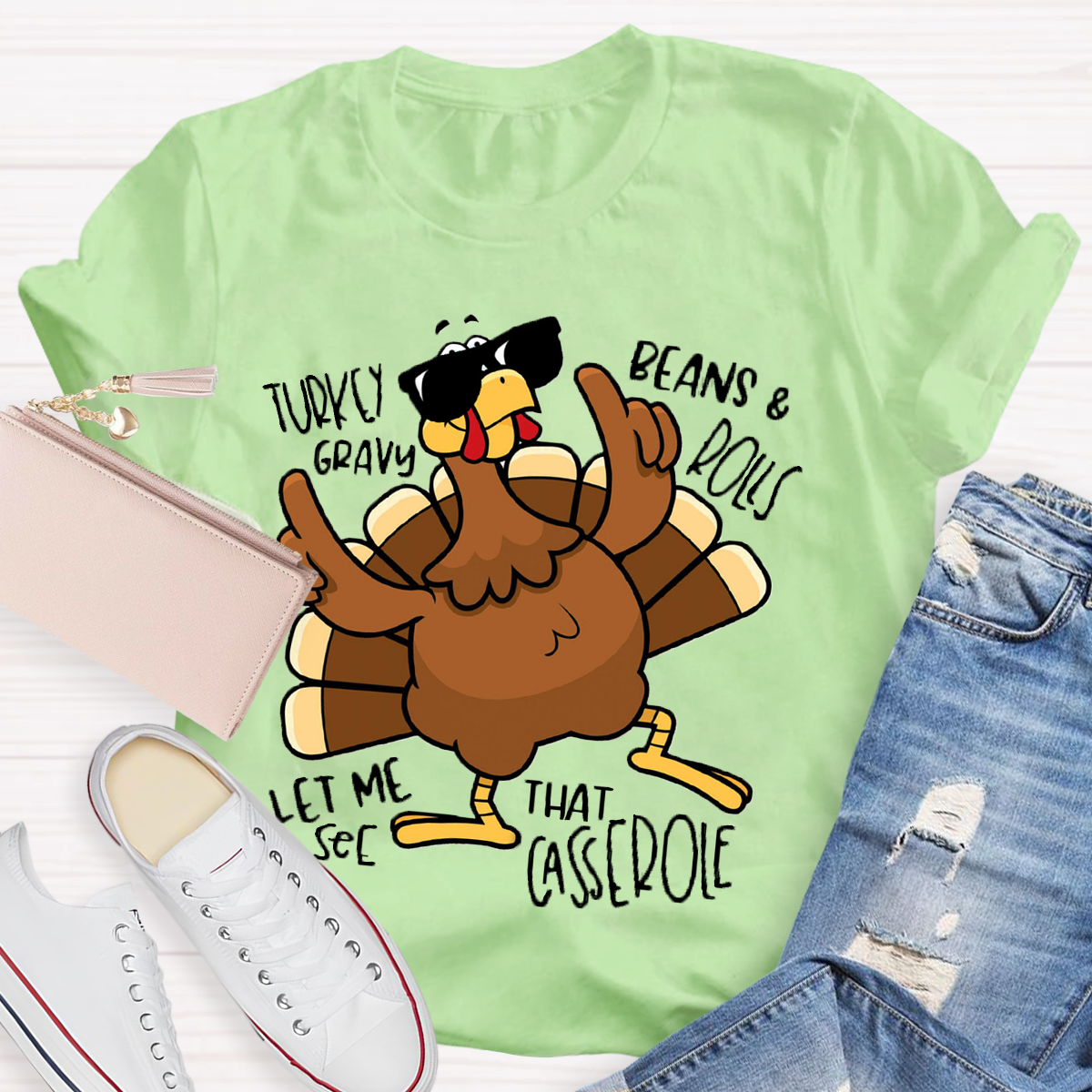 Turkey Gravy Beans Rolls Thanksgiving Teacher T-Shirt