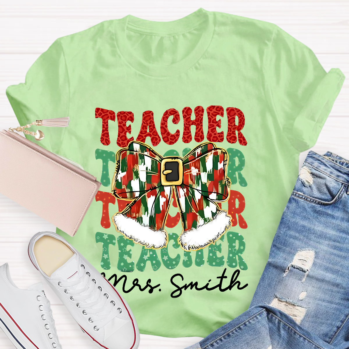 Personalized Name Bow Christmas Teacher T-Shirt