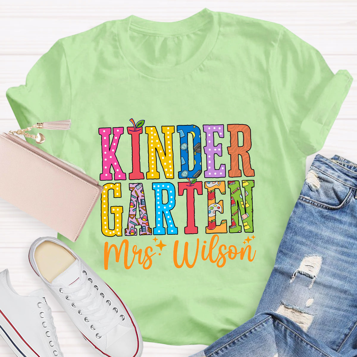 Personalized Teacher Name And Grade Apple Printed T-Shirt