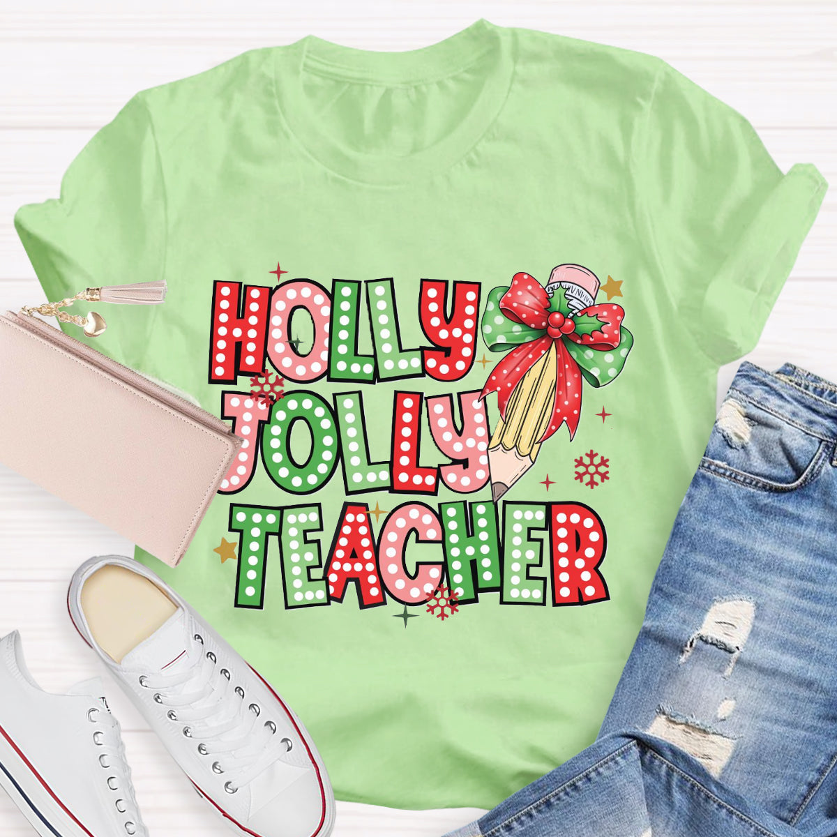 Holly Jolly Teacher Christmas Pencil T-Shirt