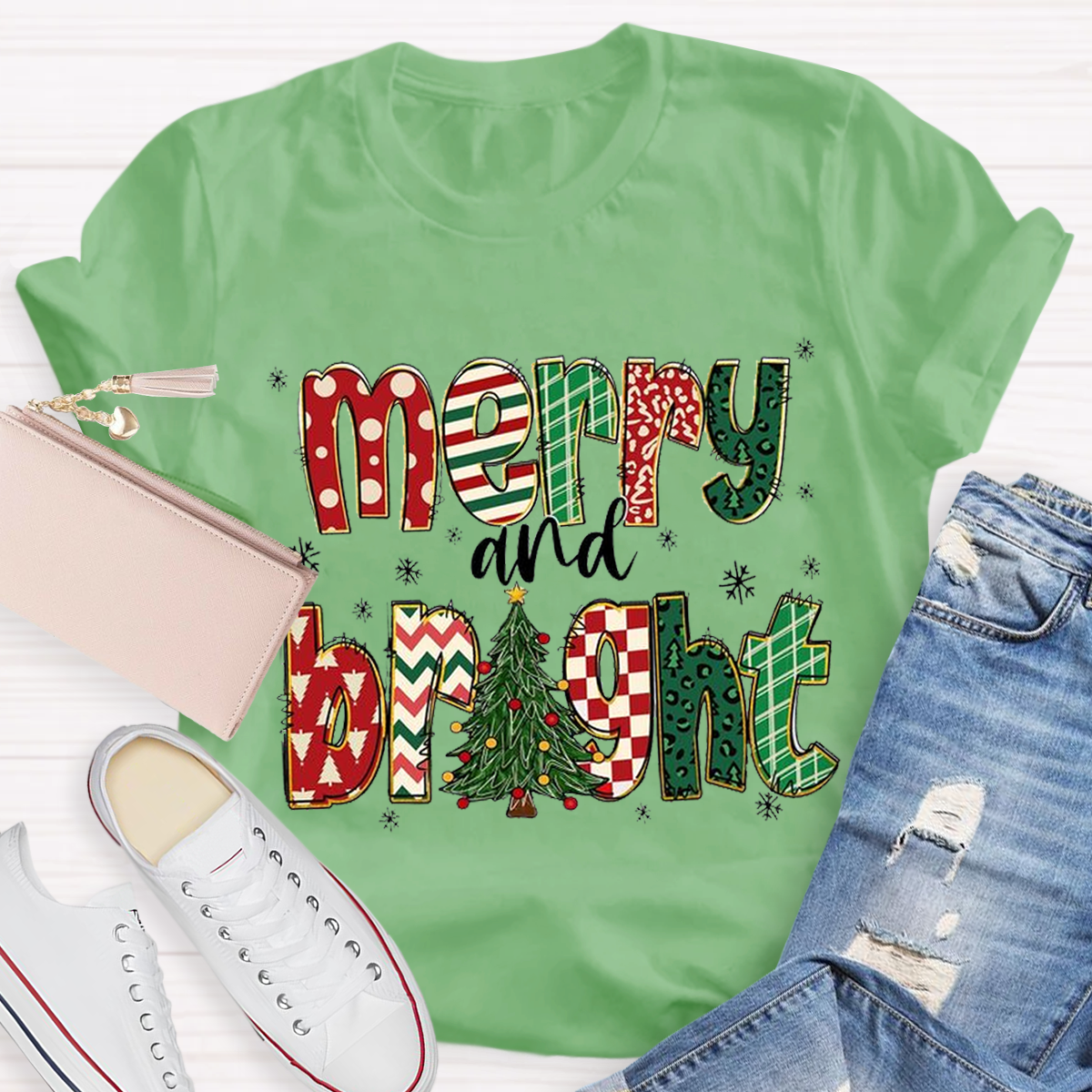 Merry and Bright Retro Christmas Tree Teacher T-Shirt