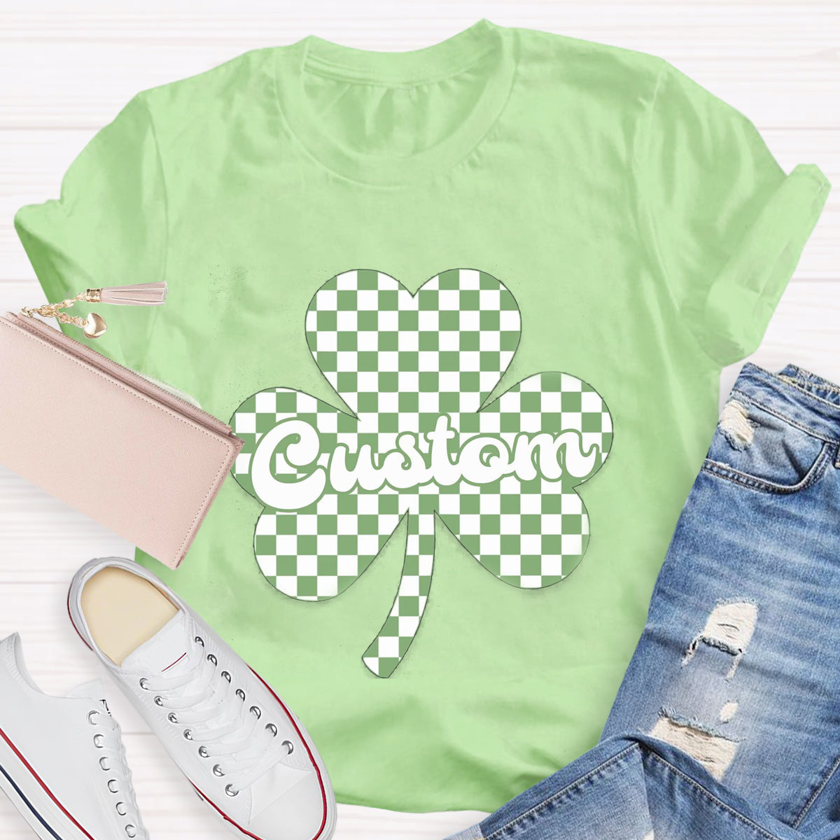 Personalized Name Checkered Clover Teacher T-Shirt