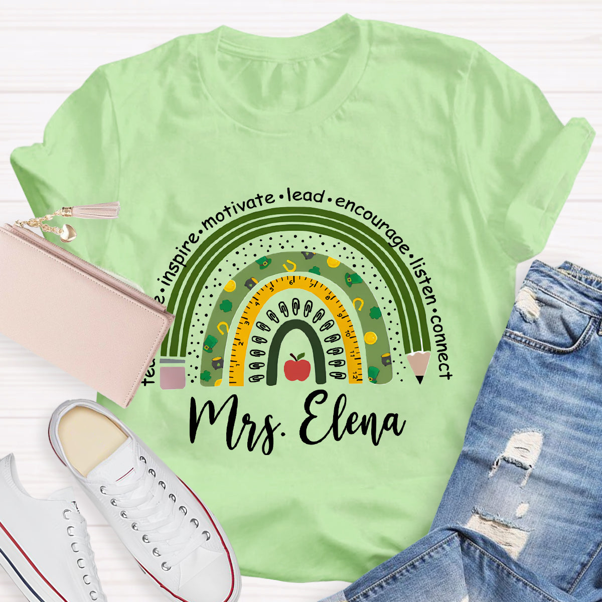 Personalized Name Green Rainbow Teach Love Inspire T-Shirt