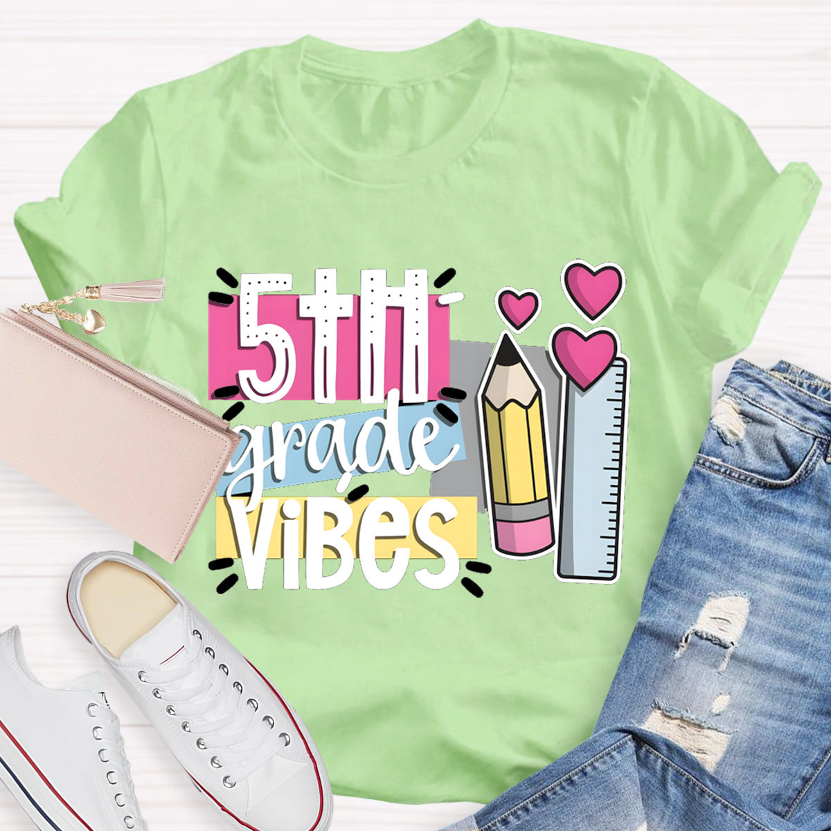 Personalized Grade 5th Grade Vibes Teacher T-Shirt