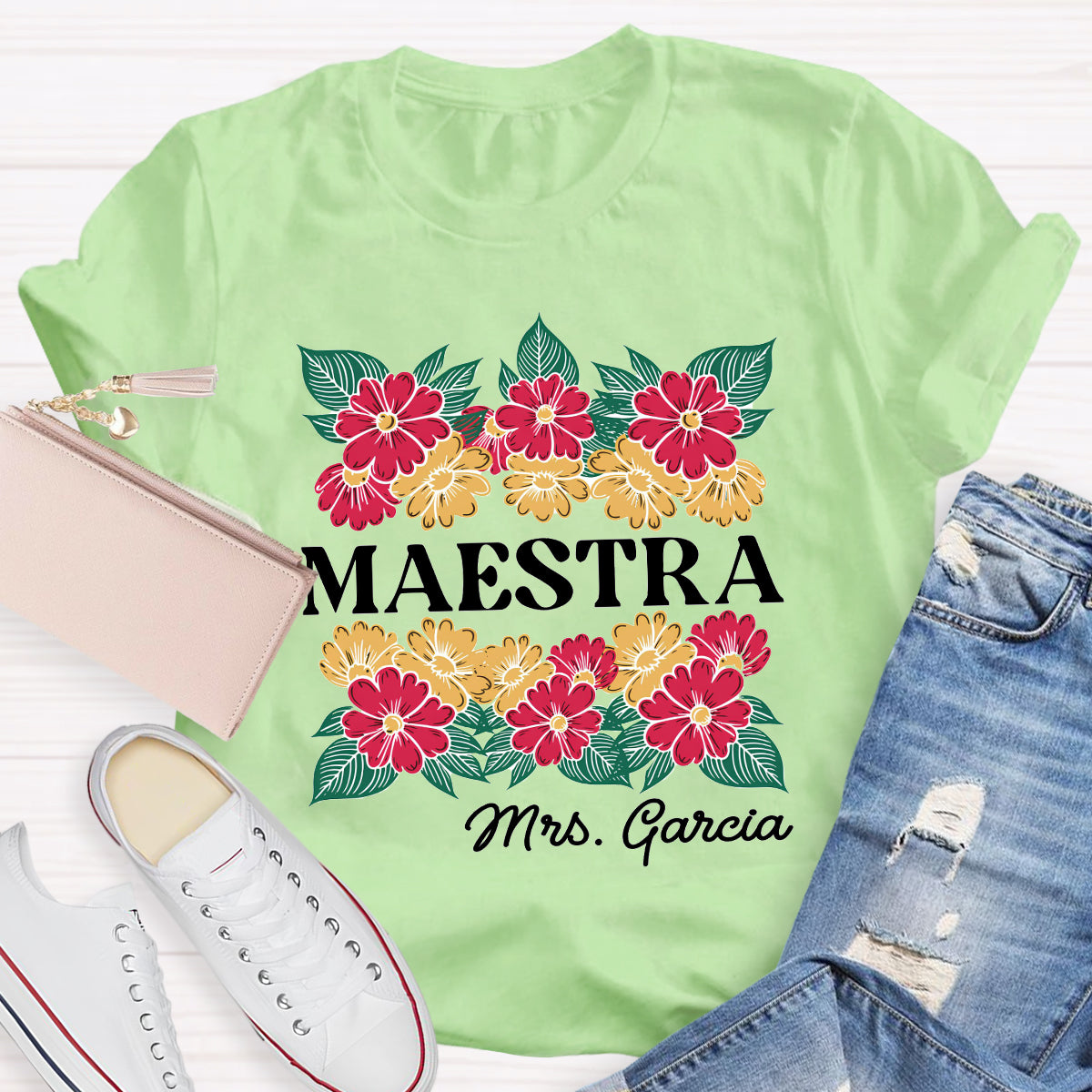Personalized Name Floral Spanish Teacher T-Shirt