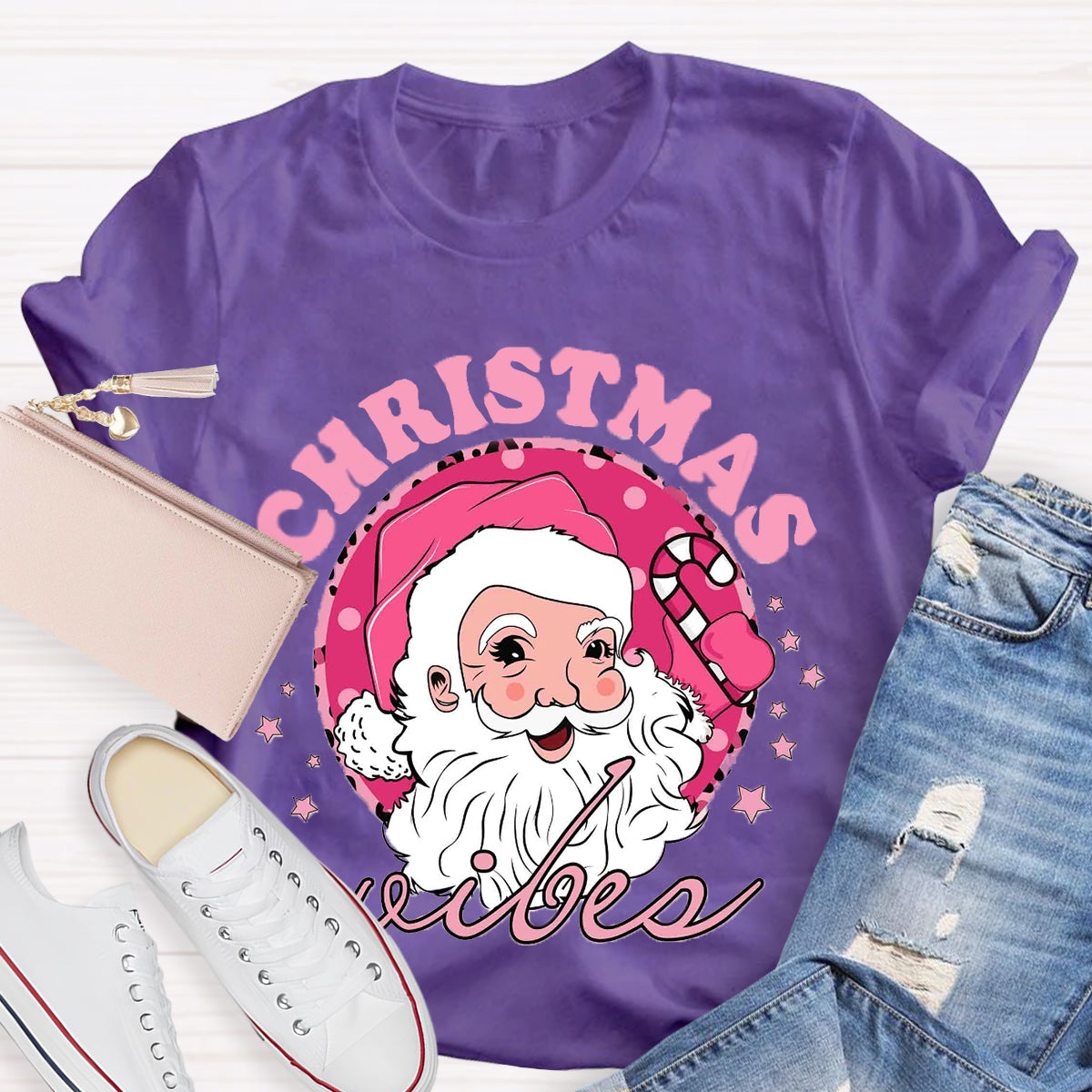 Christmas Vibes Pink Santa Claus T-Shirt