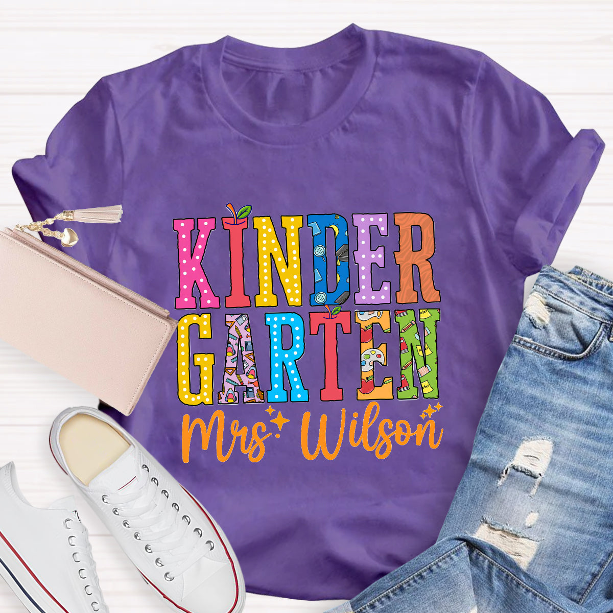 Personalized Teacher Name And Grade Apple Printed T-Shirt