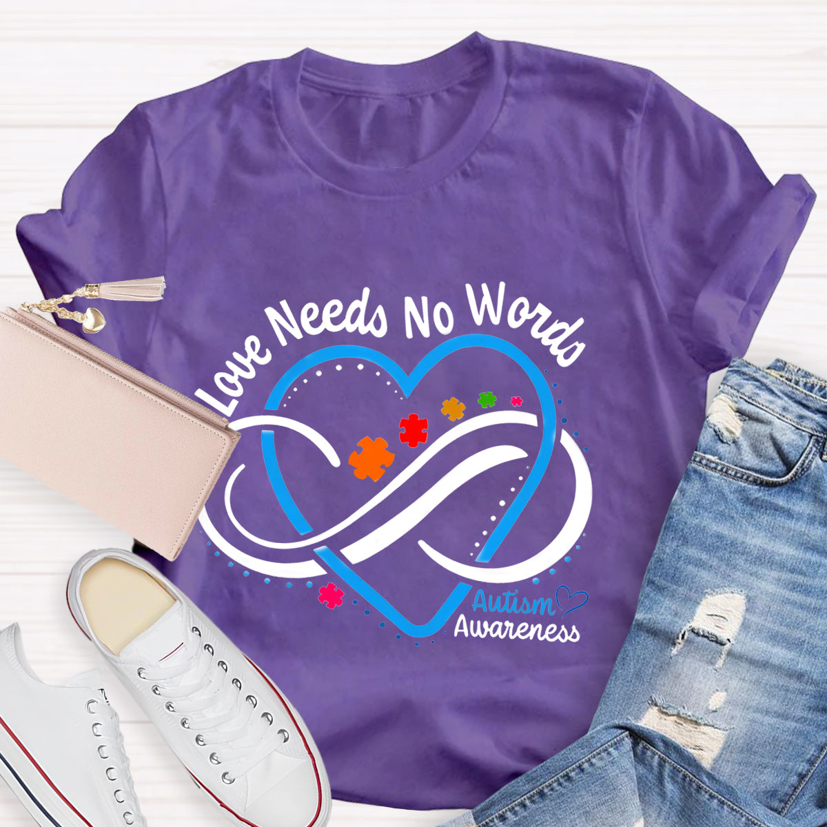 Love Needs No Words Autism Awareness Blue Heart Teacher T-Shirt