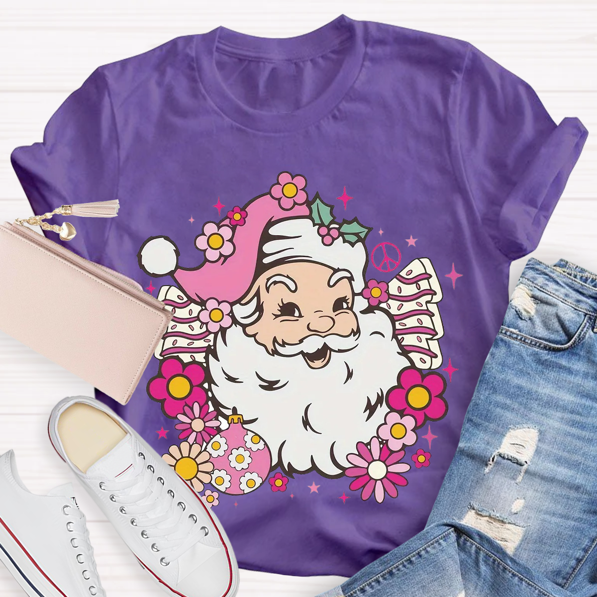 Hippie Santa Groovy Peace Christmas Teacher T-Shirt