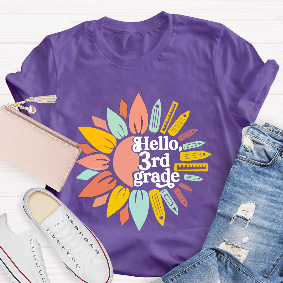 Personalized Grade Hello 3rd Grade Sunlower Teacher T-Shirt