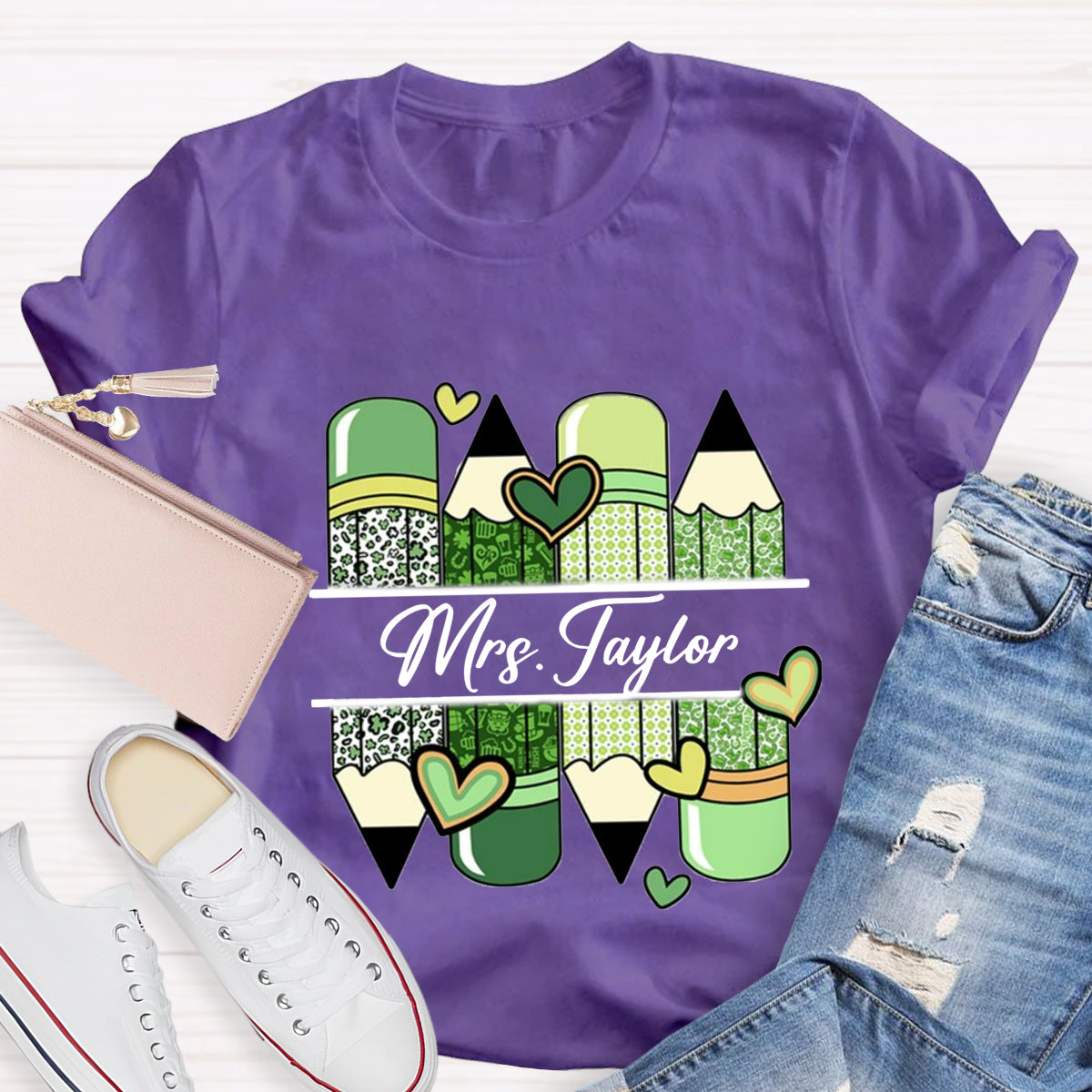 Personalized Name Green Heart Pencil Teacher T-Shirt