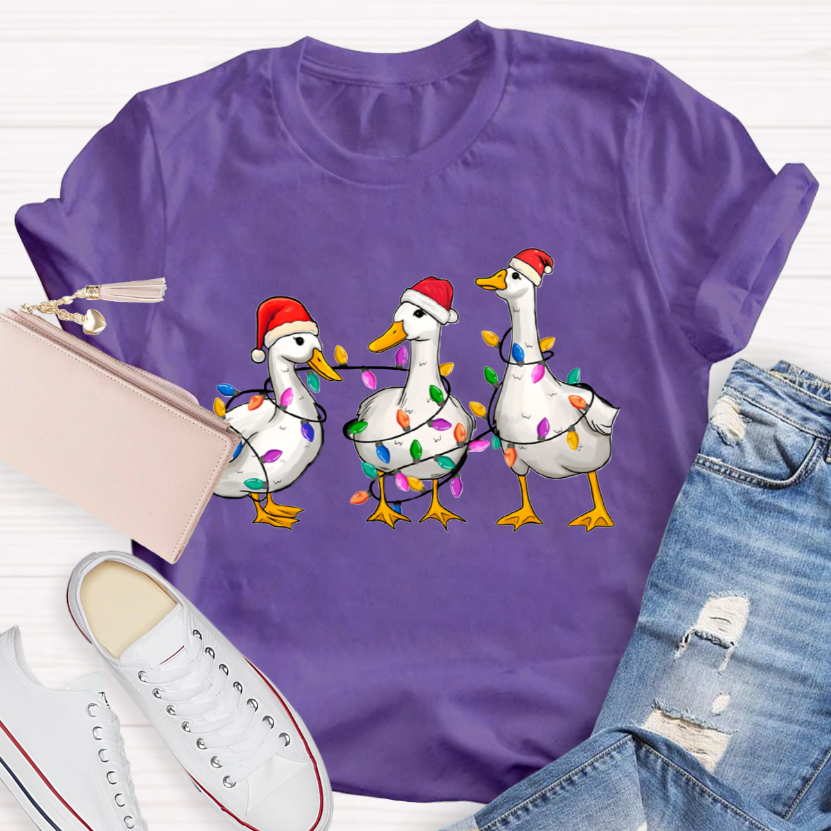 Christmas Ducks With Colorful Lights Teacher T-Shirt