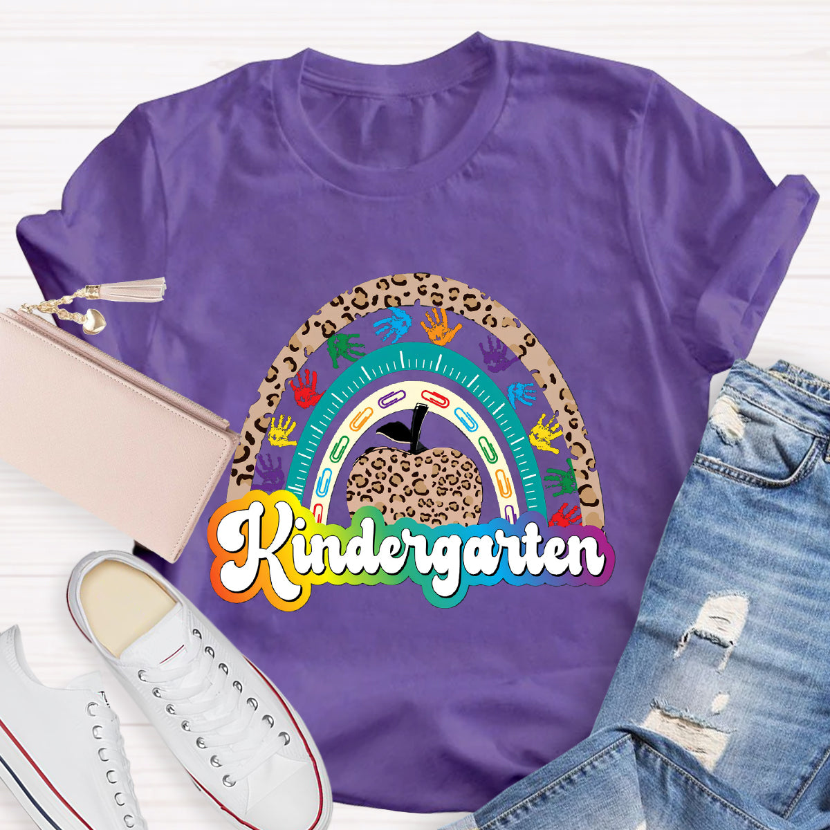Personalized Grade Leopard Apple Rainbow Teacher T-Shirt