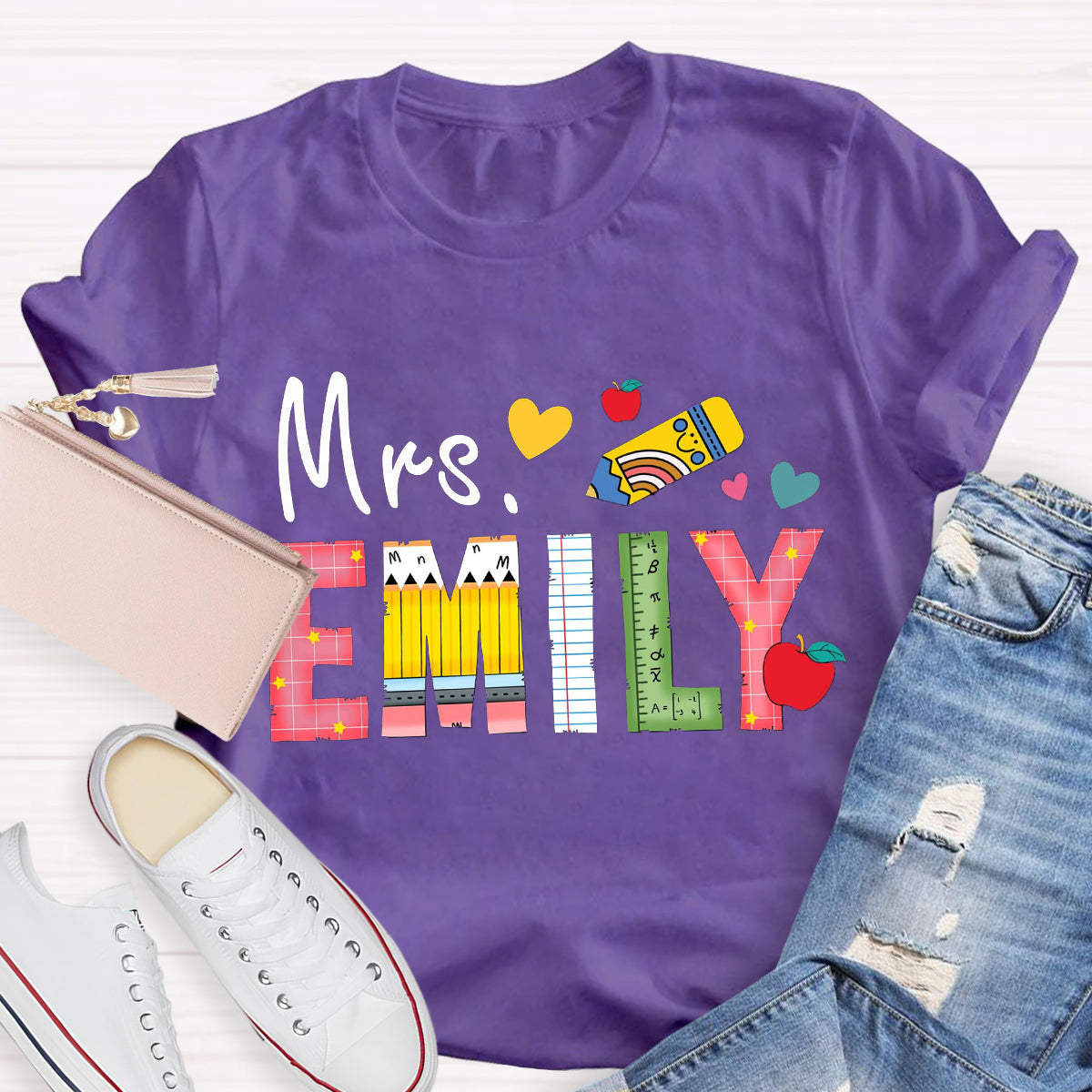 Personalized Name Apple Pencil Teacher Emily T-Shirt