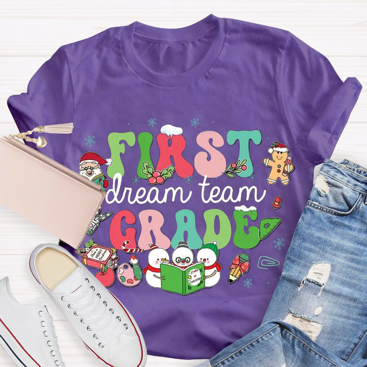 Personalized Grade Dream Team Christmas Snowman Reading A Book T-Shirt