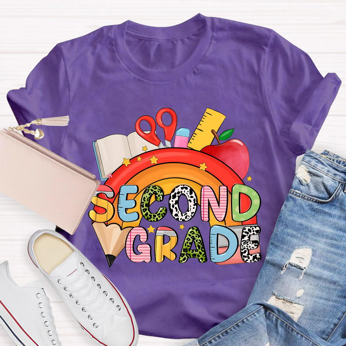 Personalized Grade Pencil Rainbow Second Grade Teacher T-Shirt
