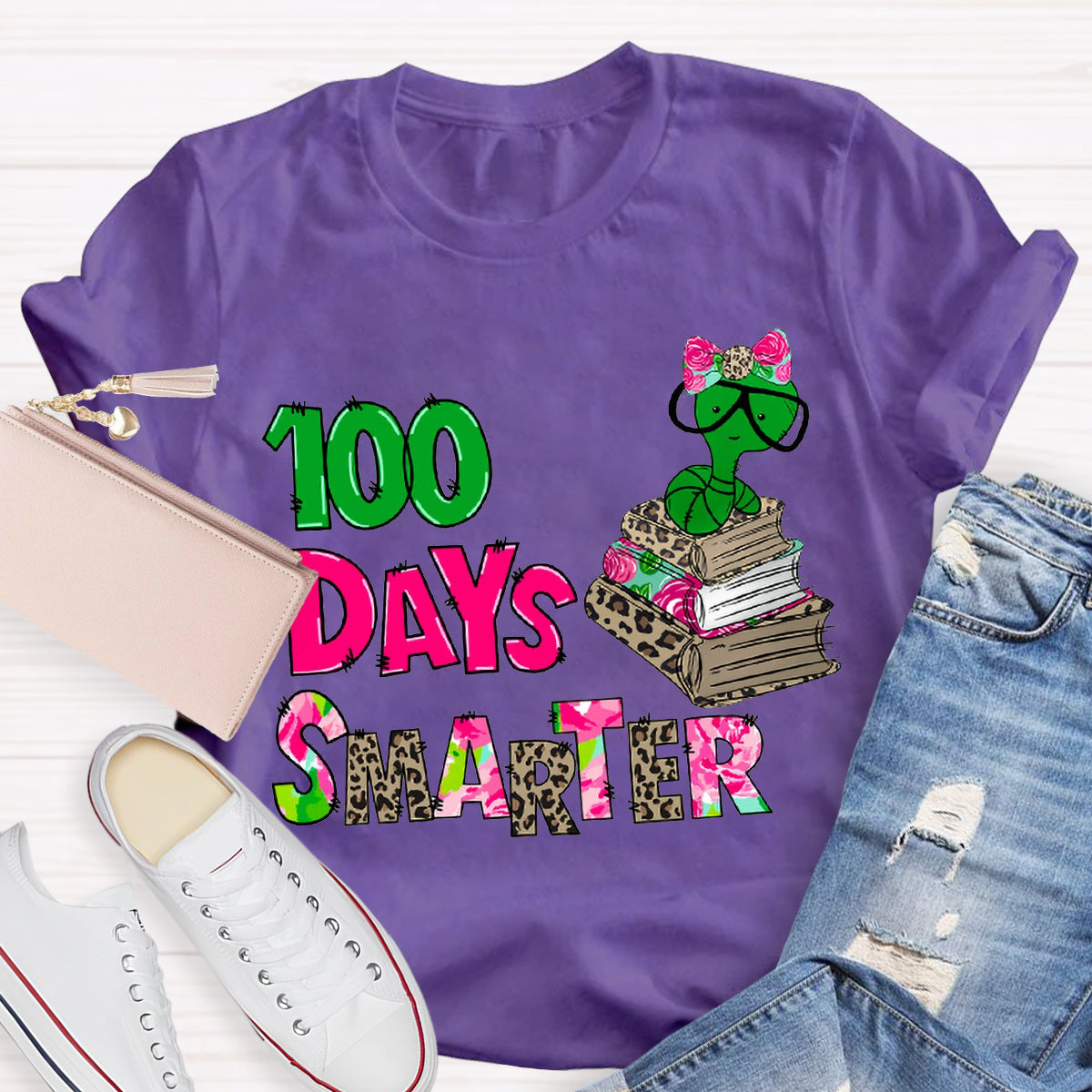 100 Days Smarter Caterpillar Wearing Glasses Teacher T-Shirt