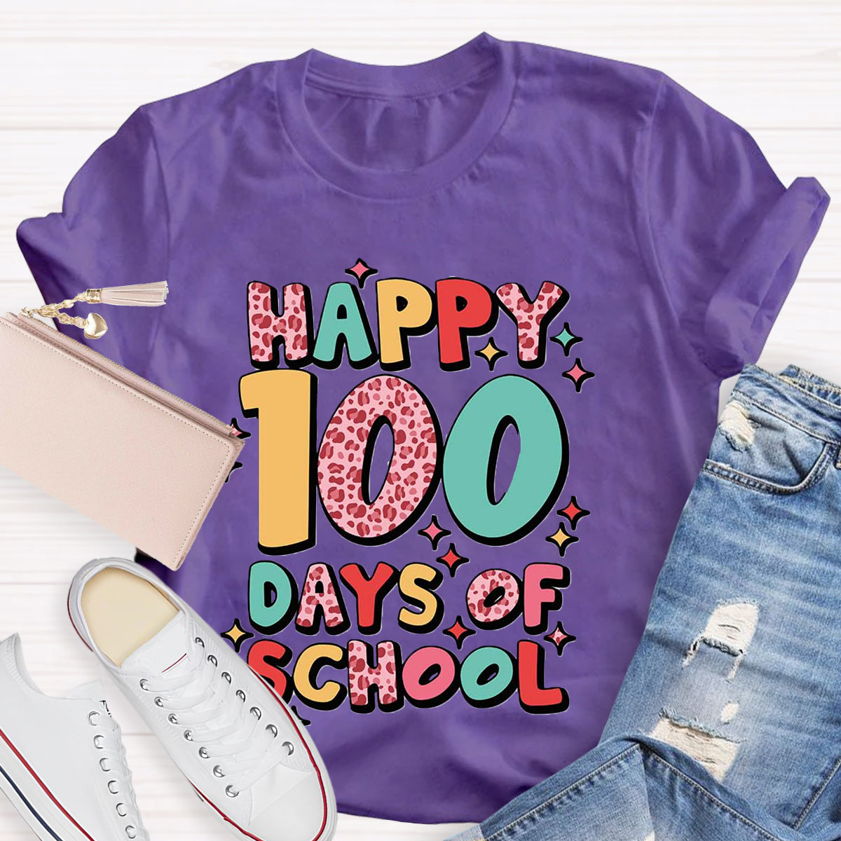 Pink Leopard Happy 100 Days Of School Teacher T-Shirt