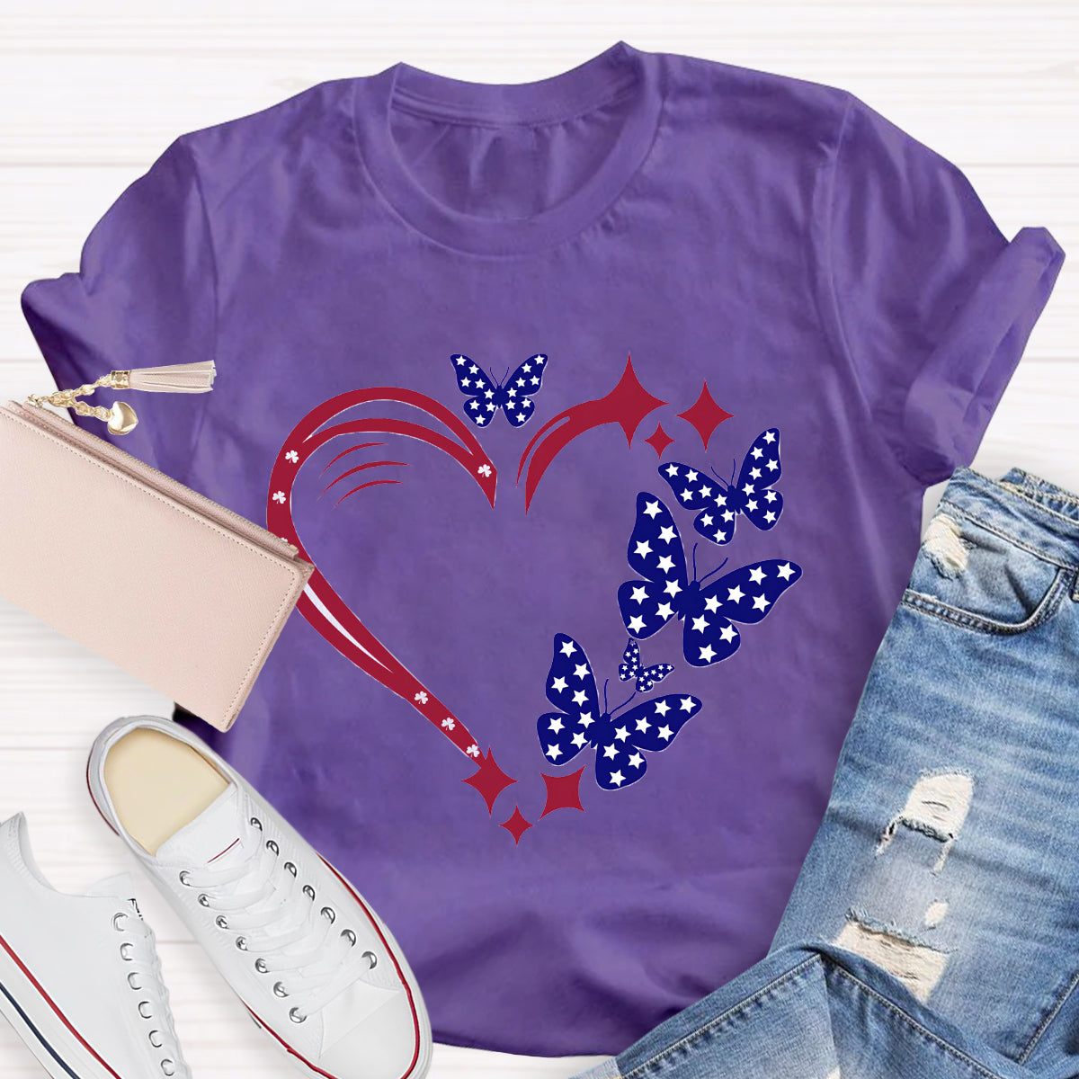Stars And Strips Butterfly Teacher T-Shirt