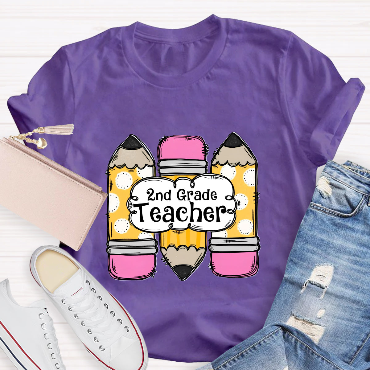 Personalized Grade Pink Pencil Printed 2nd Grade Teacher T-Shirt