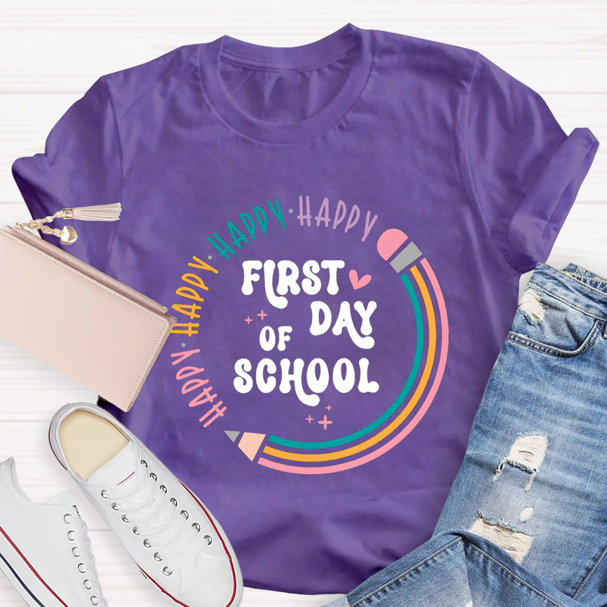 Happy First Day Of School Pencil Circle Teacher T-Shirt