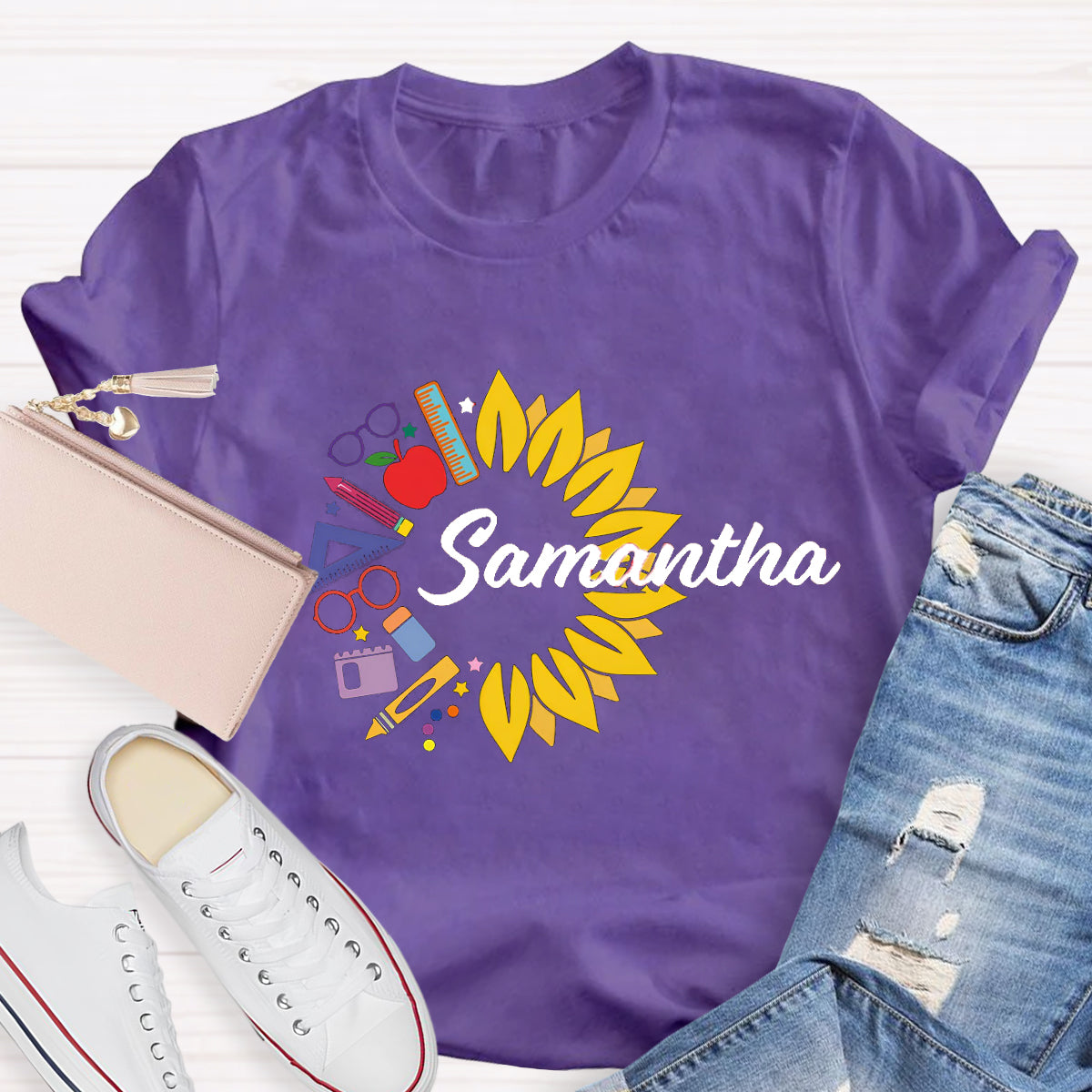 Personalized Name Sunflower Pencil Samantha Teacher T-Shirt