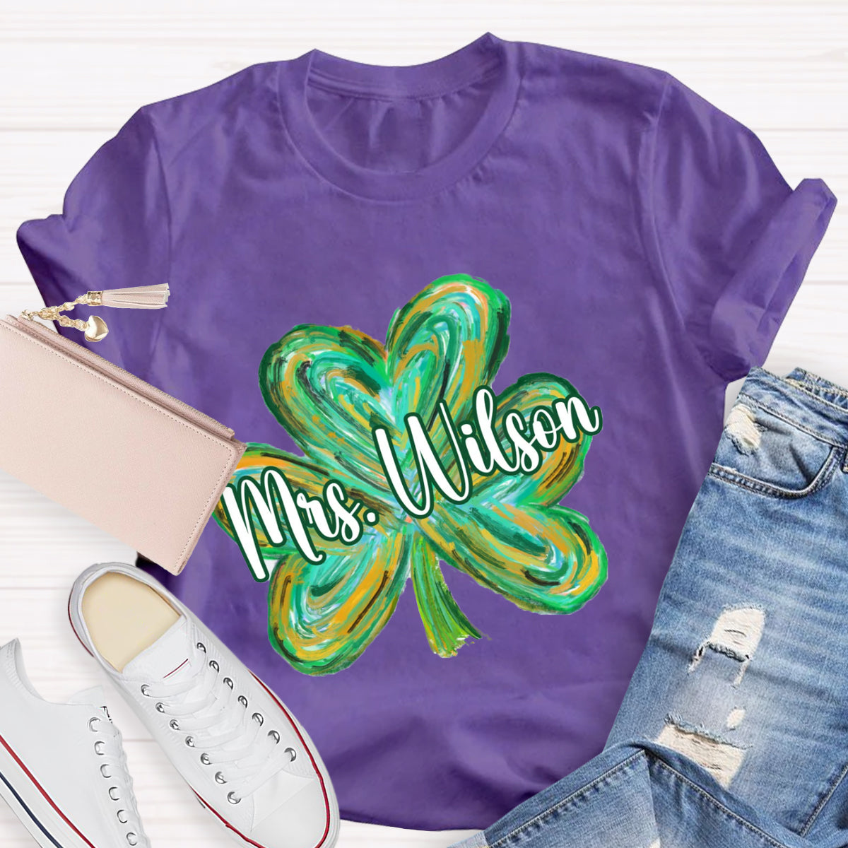 Personalized Name Colorful Shamrock Teacher T-Shirt