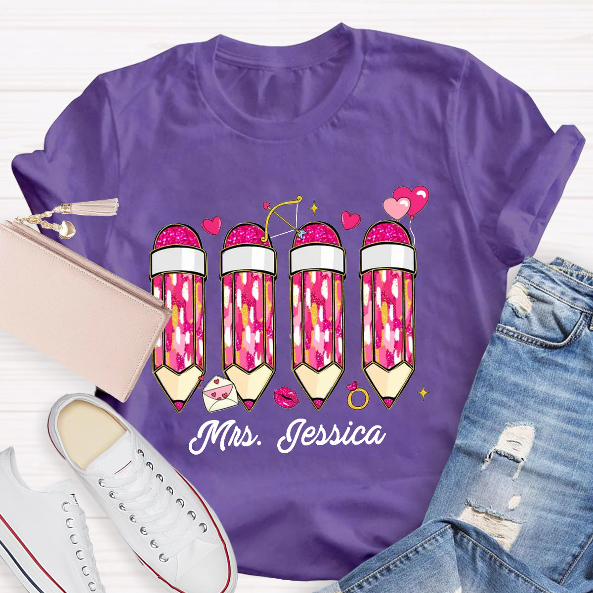 Personalized Name Pink Pencil Teacher T-Shirt