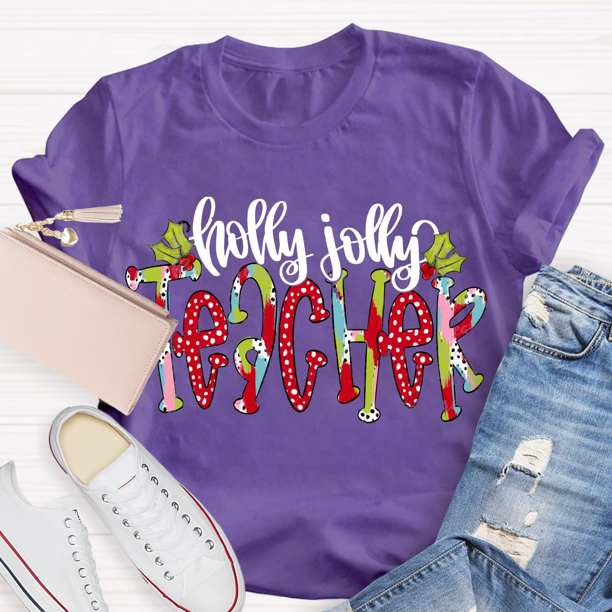 Holly Jolly Teacher Christmas Brushstrokes Dalmatian Dots Hand Lettered Teacher T-Shirt