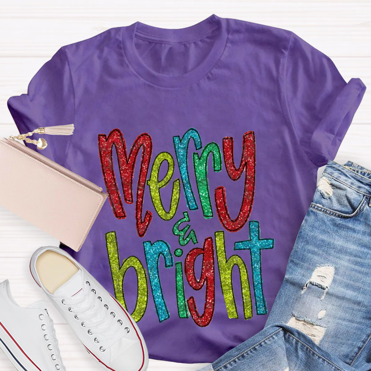 Glitter Merry And Bright Teacher T-Shirt