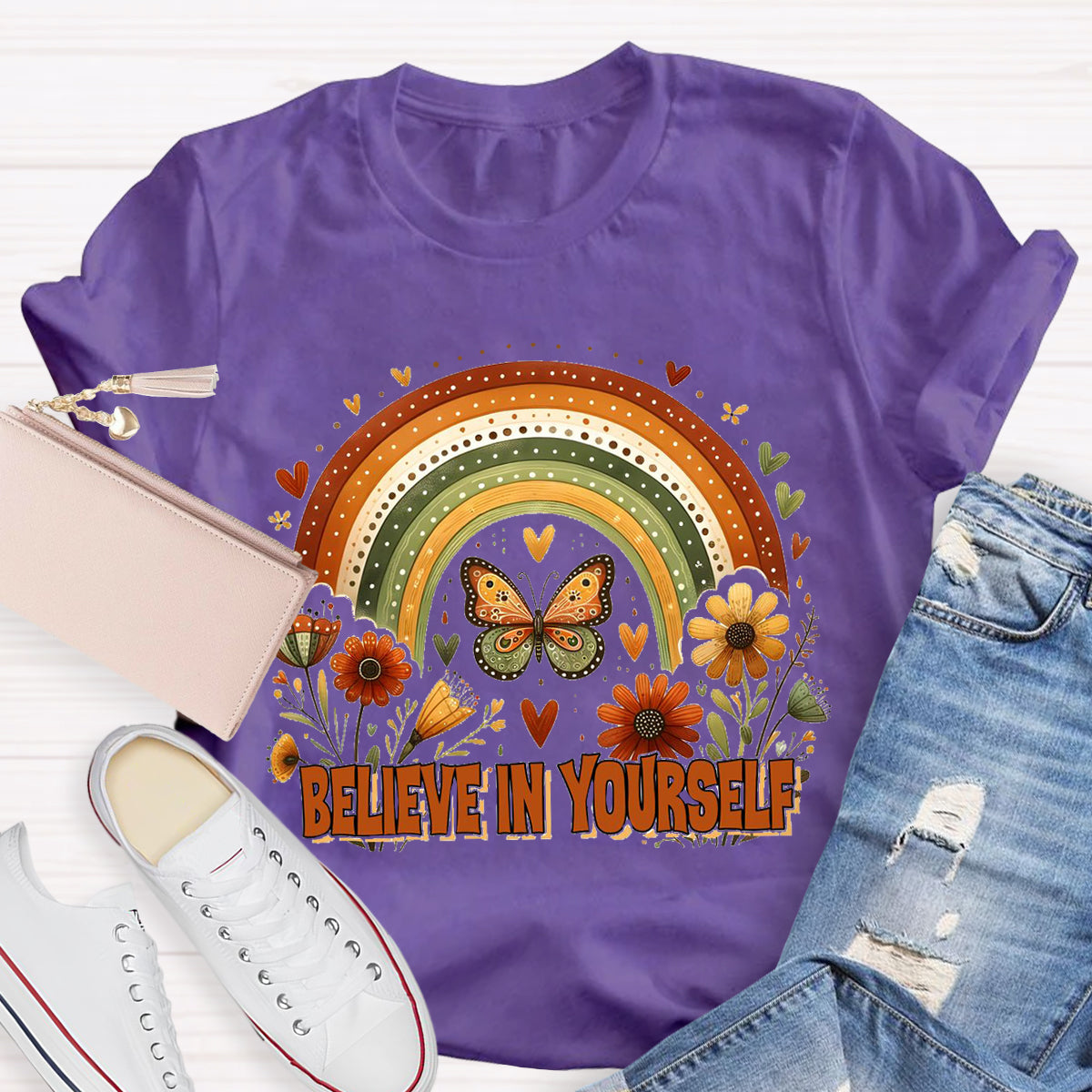 Believe In Yourself Floral Butterfly Teacher T-Shirt