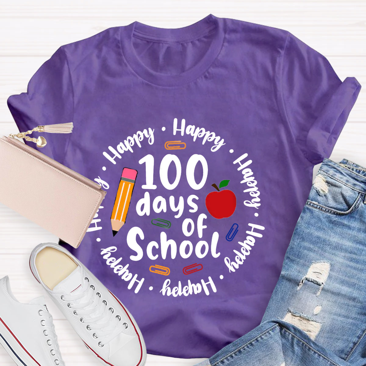 Happy 100 Days Of School Apple Pencil Teacher T-Shirt