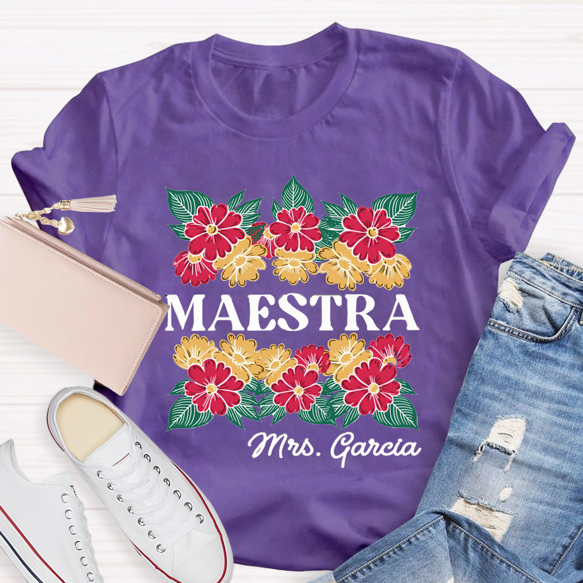 Personalized Name Floral Spanish Teacher T-Shirt