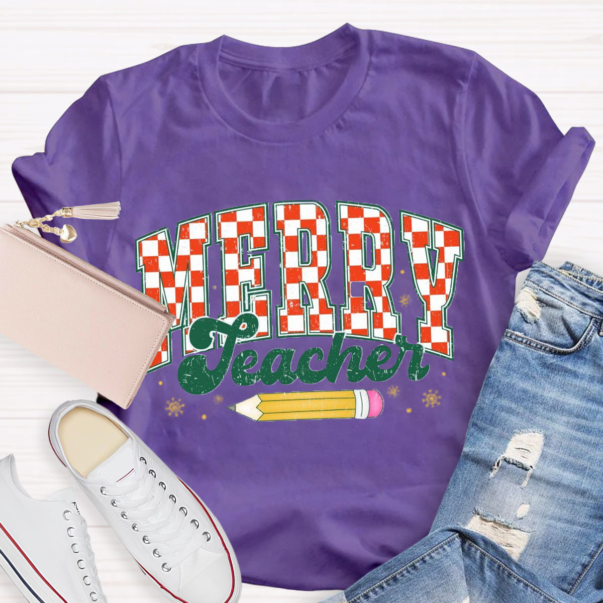 Merry Teacher Plaid Pencil T-Shirt