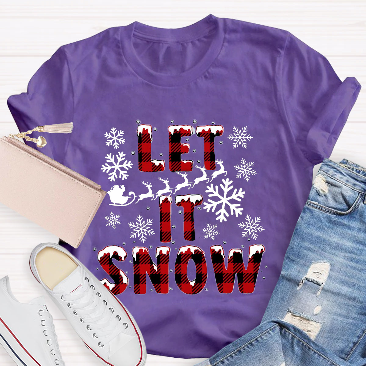 Let It Snow Red Plaid Teacher T-Shirt